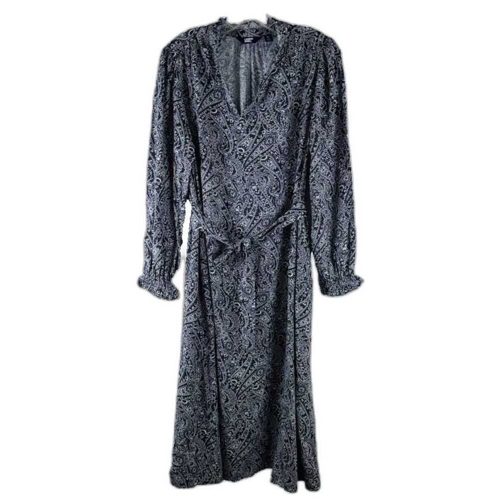 Lands End Split Neck Maxi Dress M Black Paisley Long Sleeve Casual‎ Boho Classic